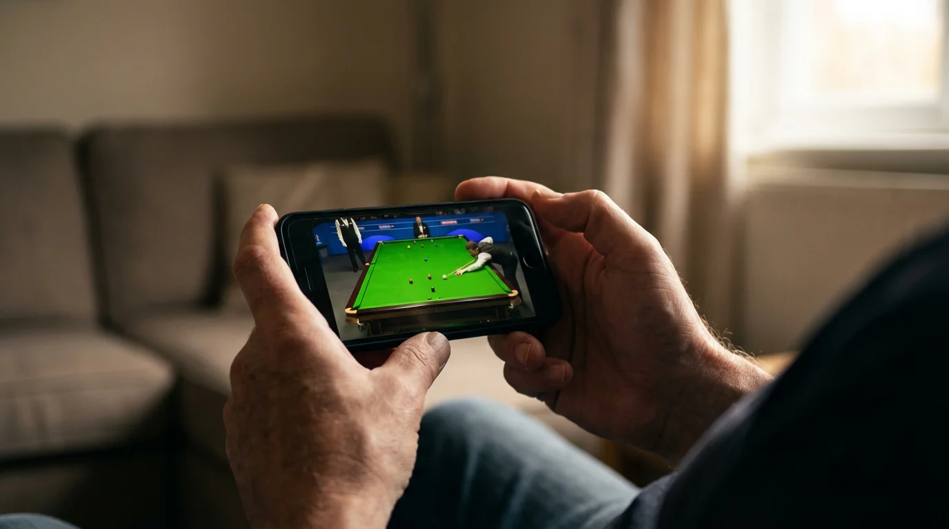Persoană urmărind un meci de snooker pe smartphone într-un mediu casual