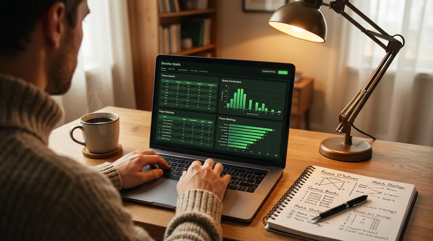 Analist studiind statistici de snooker pe un ecran de laptop lângă un bloc de notițe